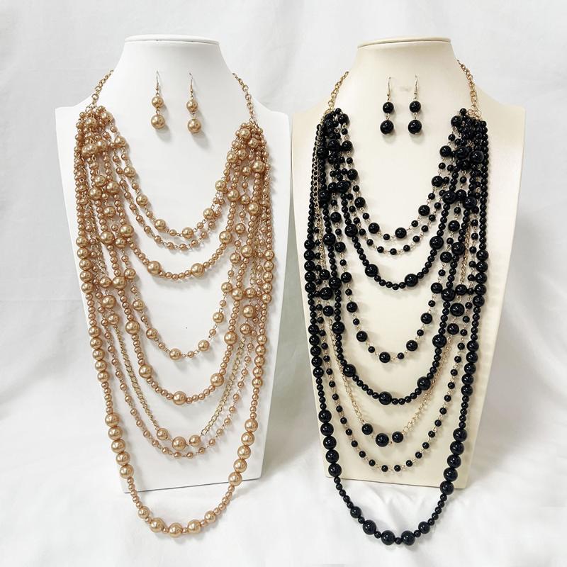 Elegant Multilayer Simulated Pearls Necklace And Earrings Set For Women Long Necklace Fashion Jewelry Accessories