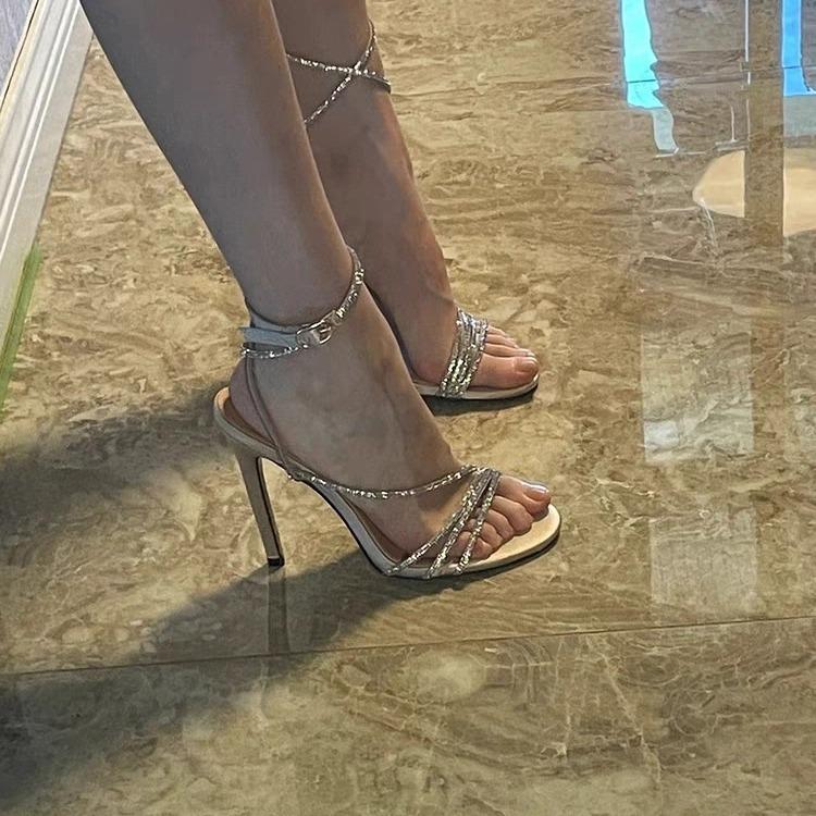 Sandali estivi sexy con strass open-toe da donna tacco a spillo champagne banchetto mondano tacchi alti