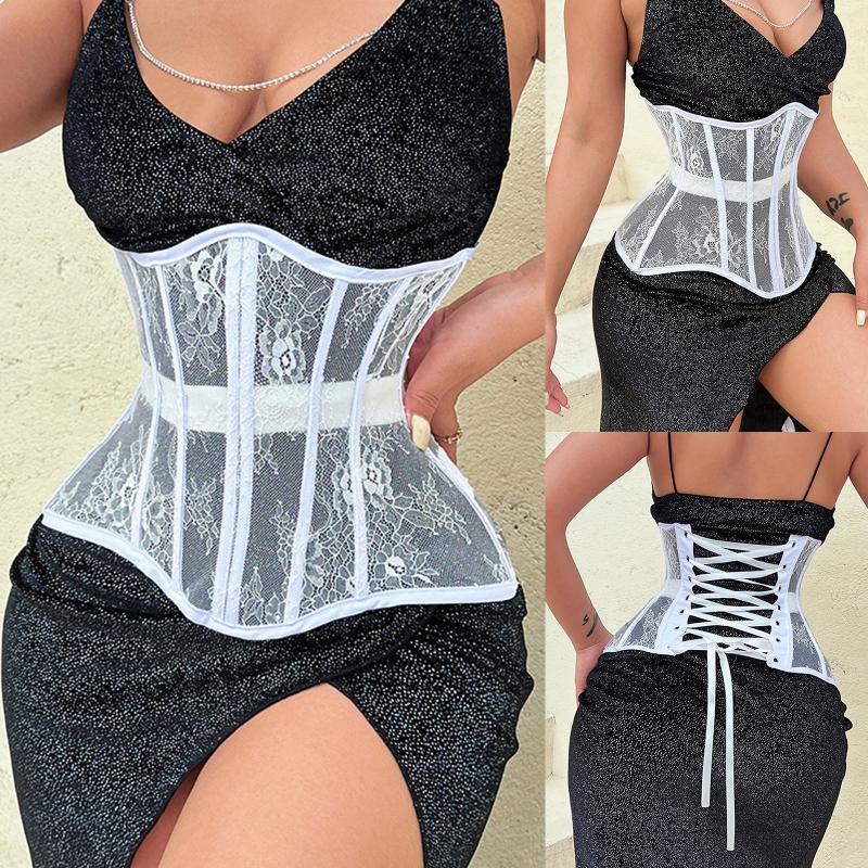 Waist Lace and Floral Trainer Women Corset Cincher Body Shaper Girdle Trimmer with Plastic Bones Extender Waist Decors