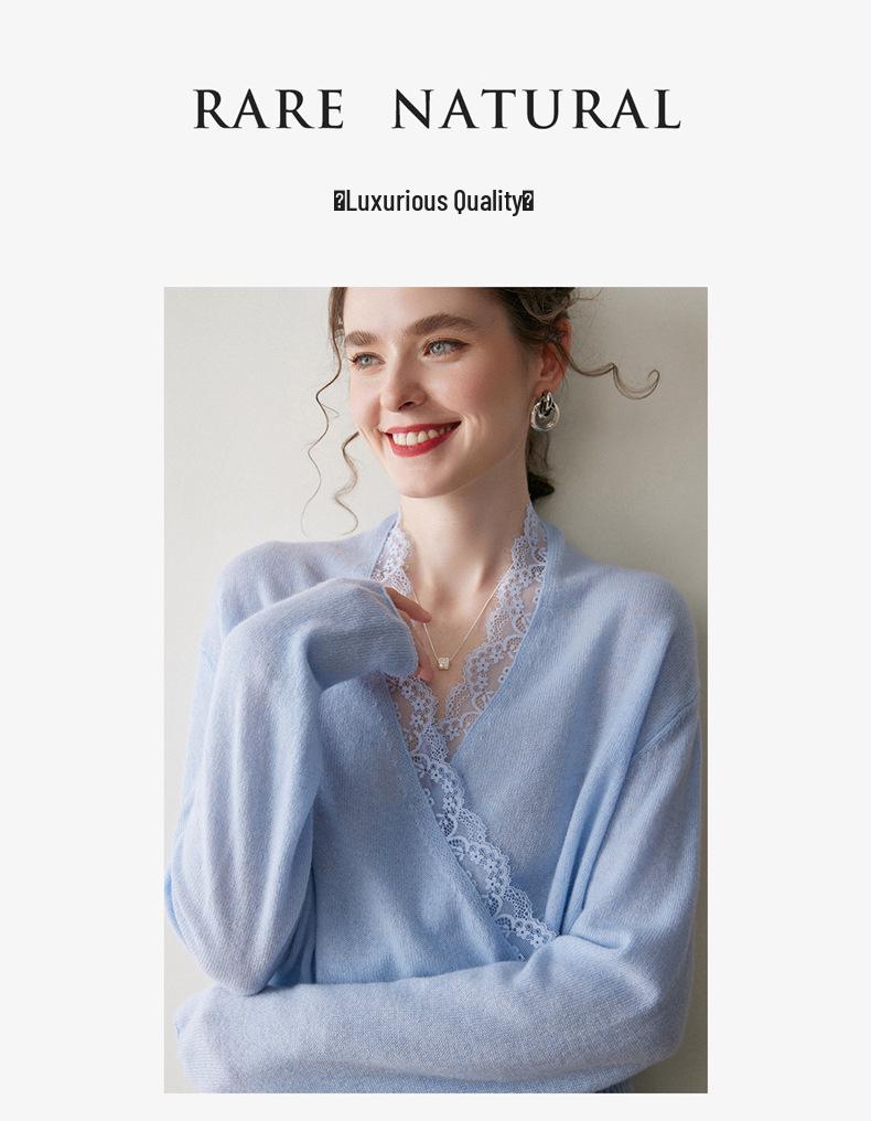 2026 Autumn/Winter Women's V-Neck Cashmere Lace Crossover Wool Sweater