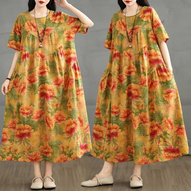 Summer Retro Cotton and Linen Round Neck Short Sleeved Dress, Women's Loose Skirt