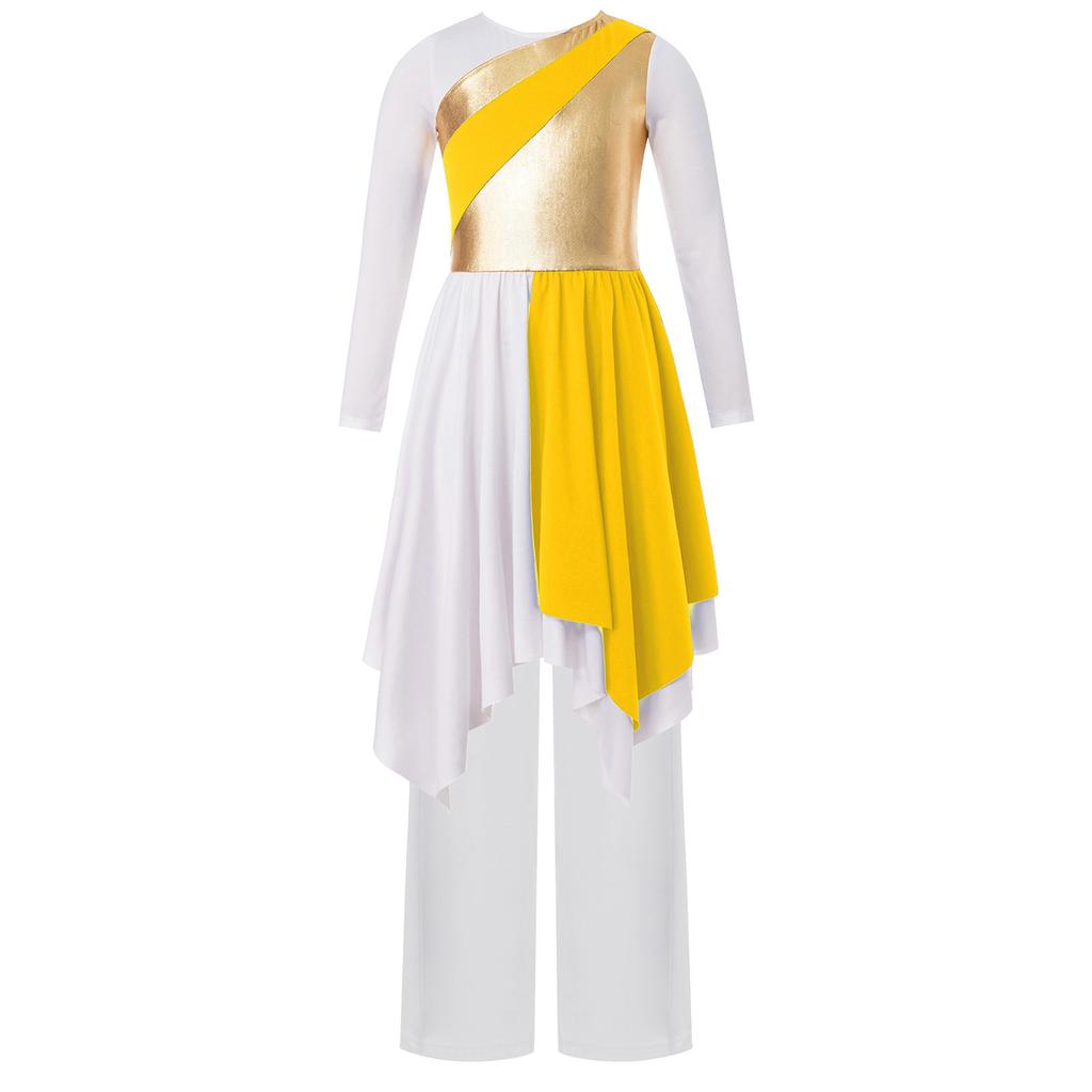 Girls Asymmetrical Hem Worship Dance Dress Elastic Waistband Pants Performance Set