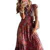 Bohemian V-Neck Maxi Dress with Cinched Waist and Retro Print