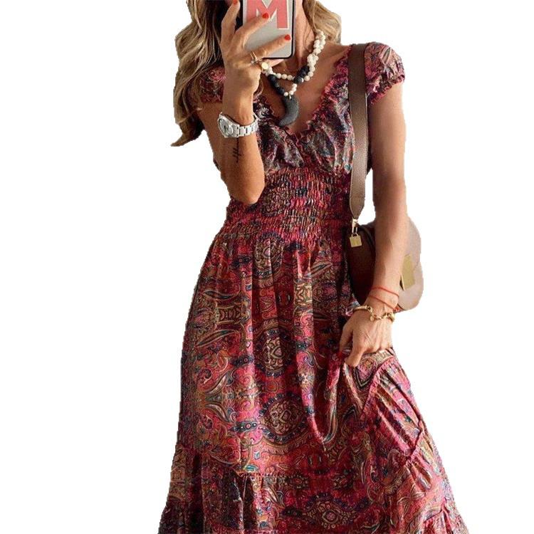 Bohemian V-Neck Maxi Dress with Cinched Waist and Retro Print
