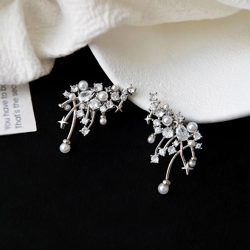 Vintage  Firework Stud Earrings For Women Elegant Double Row Imitation Pearl Earring Girl Party Wedding Jewelry