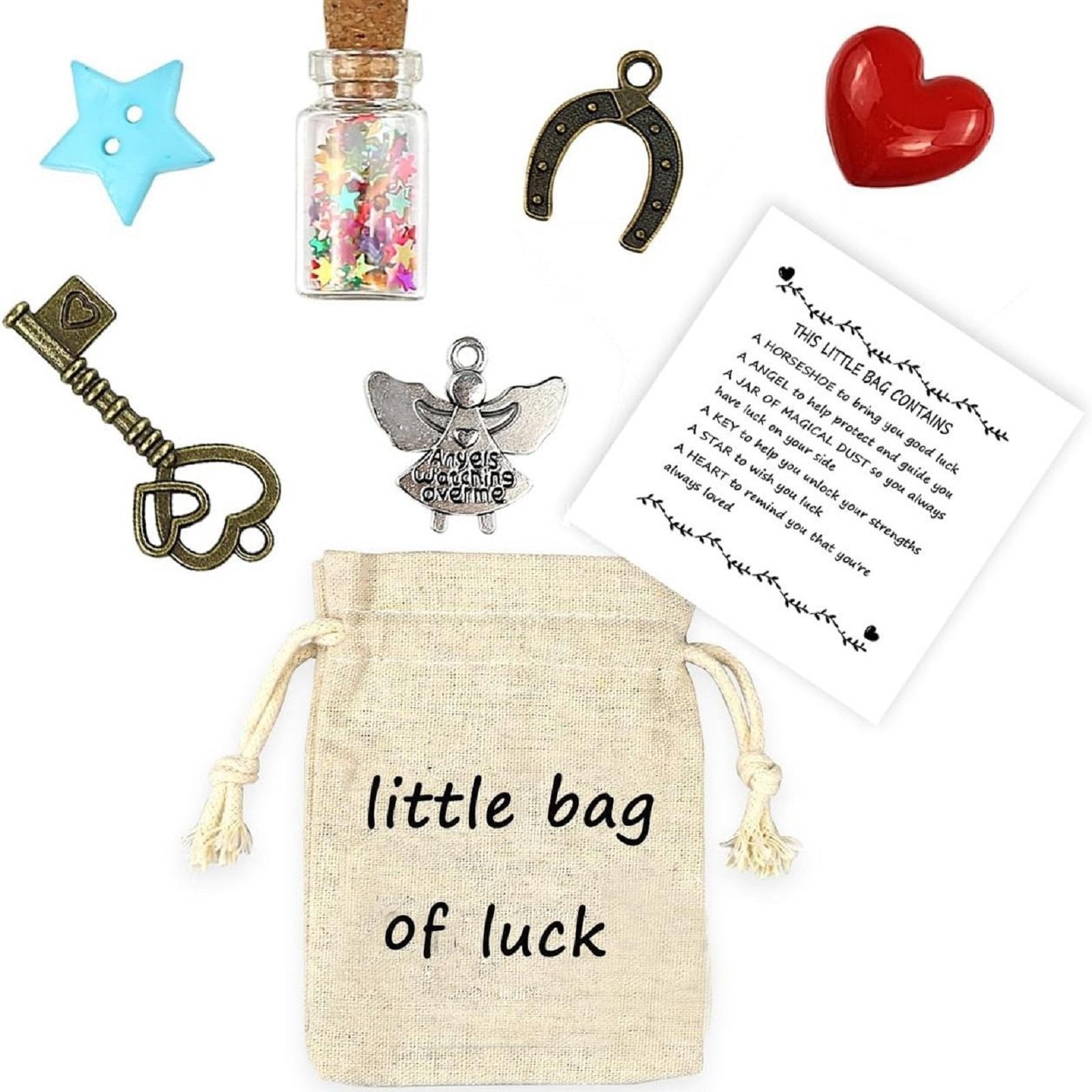 

Little Bag of Luck Friendship Graduation Wish Charm Set with Key Star Angel Horseshoe Heart Tokens and Inspirational Note in Drawstring Pouch One Size