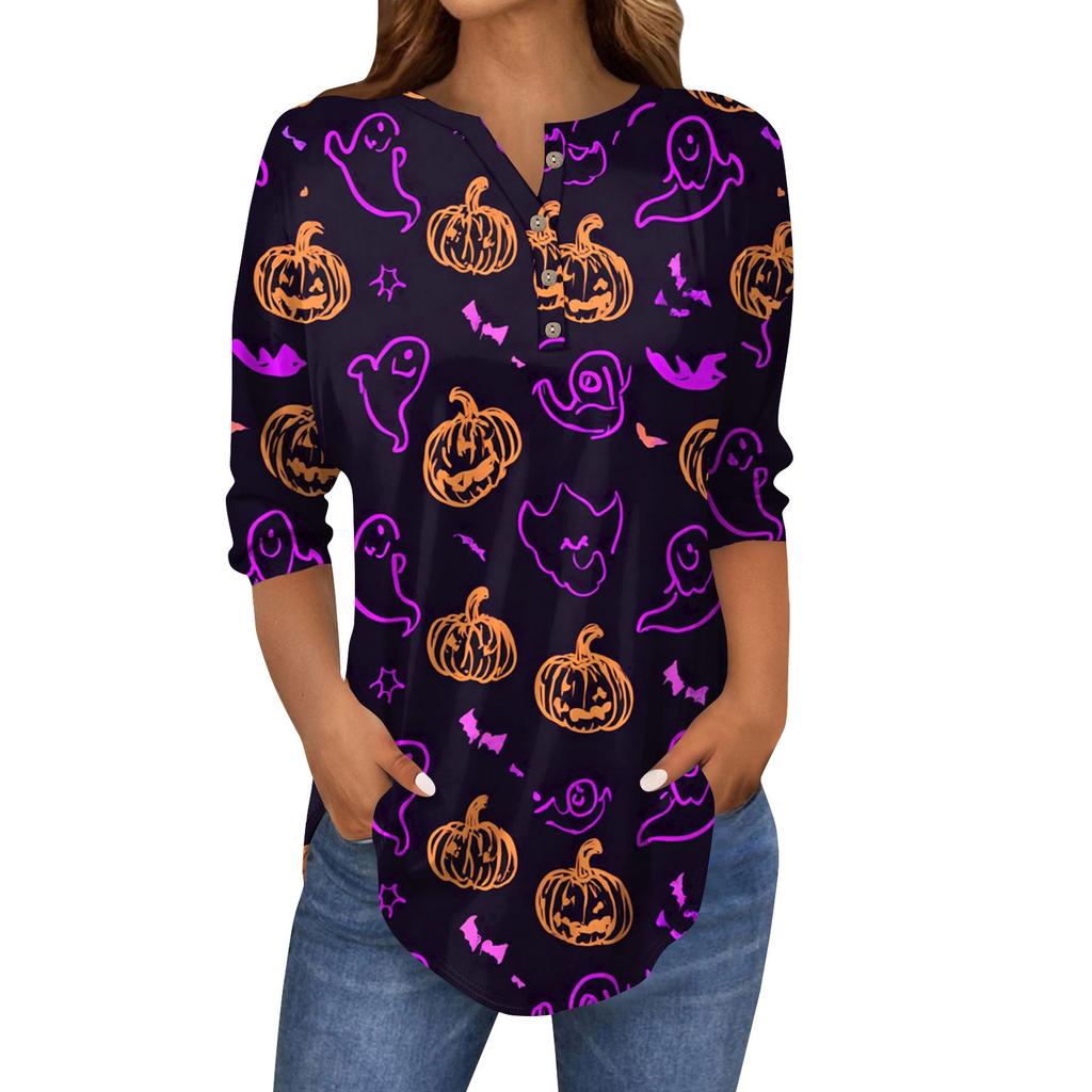 Women's Fashion Loose Button Collar Halloween Print Long Sleeve T-Shirt Top Pullover