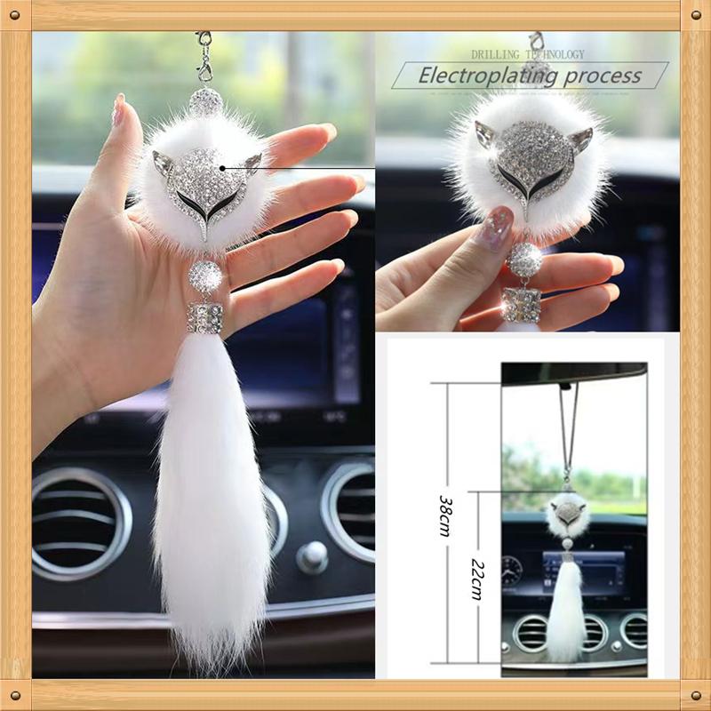 8 Colors Cute Fashion Diamond Fox Rear View Mirror Ornament Fur Bling Rhinestone Car Mirror Hanging Accessories for Girls Women