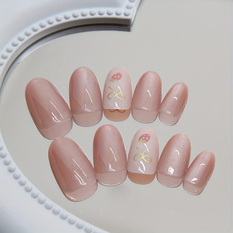 24pcs Oval False Nails French Strawberry Butterfly Cat Eye Press On Nails Fake Nails DIY Manicure Detachable Nail Tips