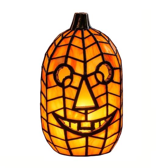 Eerie Demonic Face Sculpture Stained Glass Pumpkin Lamp, Halloween Fall Table Lamp with Warm Glow, Holiday Party Centerpiece USB Powered Resin Orange