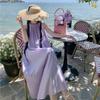 Summer New Sleeveless Casual Loose Purple Dress Women Fashion Plus Size A Line Beach Vacation Dresses Women Solid Pleated Round Neck Long Dress 26368