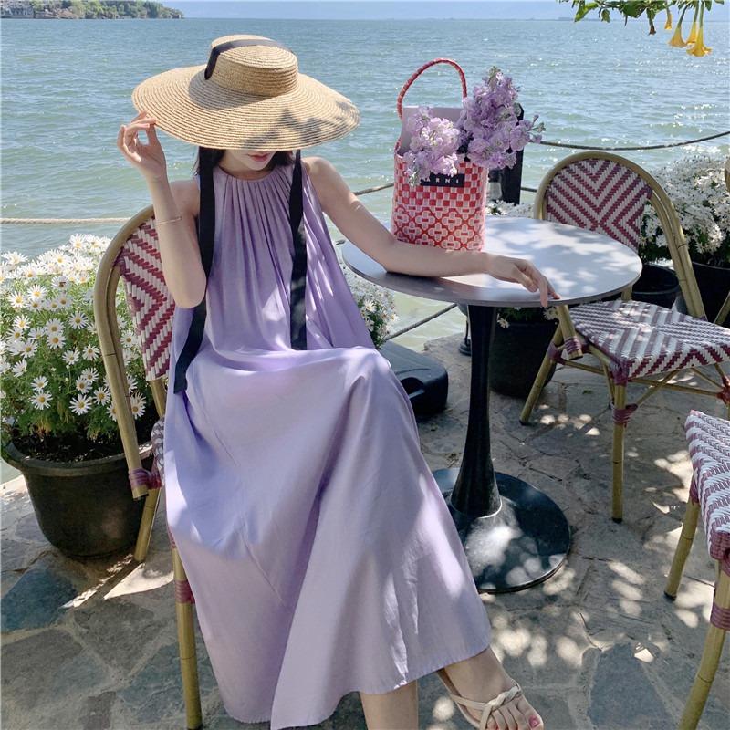 

Летнее новое повседневное свободное фиолетовое платье без рукавов, женская мода больших размеров, пляжные платья для отдыха, женское однотонное плиссированное длинное платье с круглым вырезом 26368 XL лавандовый