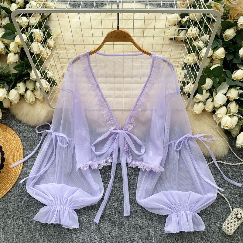 

Sweet Outdoor Lace-up Lace Stitching Lantern Sleeve Mesh Outerwear Women Thin Perspective Chiffon Shawl Women Sun Protection Shirt Purple One size