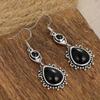 Vintage Silvery Plated Black Stone Dangle Earrings for Women Elegant Exquisite Banquet Jewelry Geometric Hollow Pendant Earrings