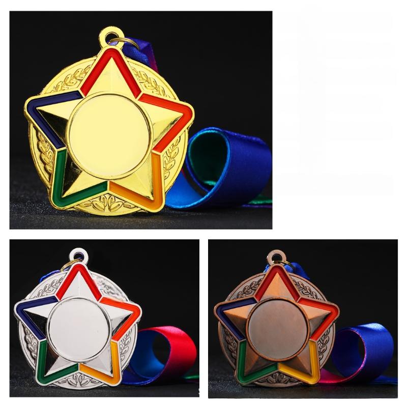 1 st Flerfärgad Femstjärnig Medalj Med Färgat Band Guld Silver Koppar Färg Medalj För Olika Tävlingar Souvenir Tomma Medaljer