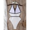 Women's Black Halter Deep V Camellia Decor One-Piece Swimsuit