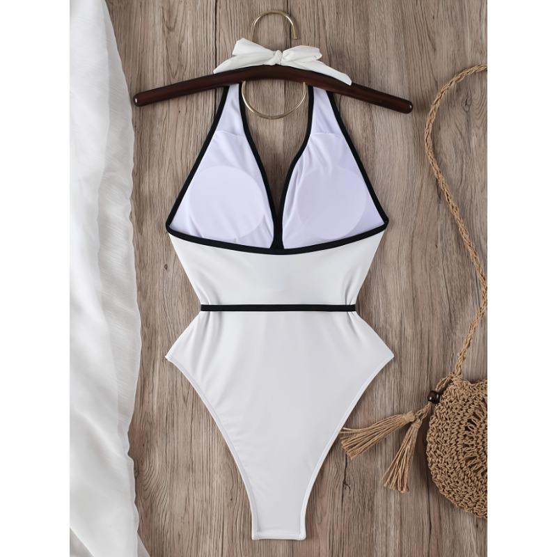 Women's Black Halter Deep V Camellia Decor One-Piece Swimsuit