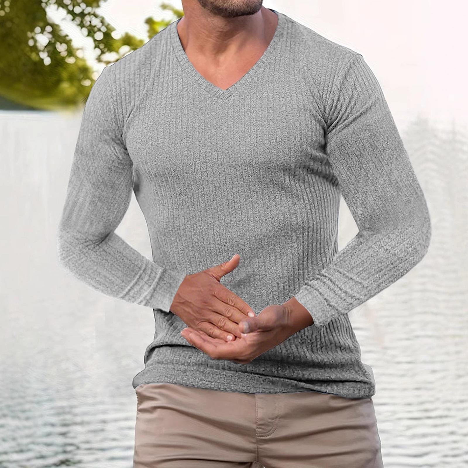 

Mens V Neck Long Sleeve Shirts Color Textured Dressy Sweaters Blouses Fall Fashion Loose Outfits 2025 XXL