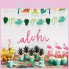 Brightly Colored Hawaiian Party Decor With Whimsical Flamingo And Dinosaur Banners