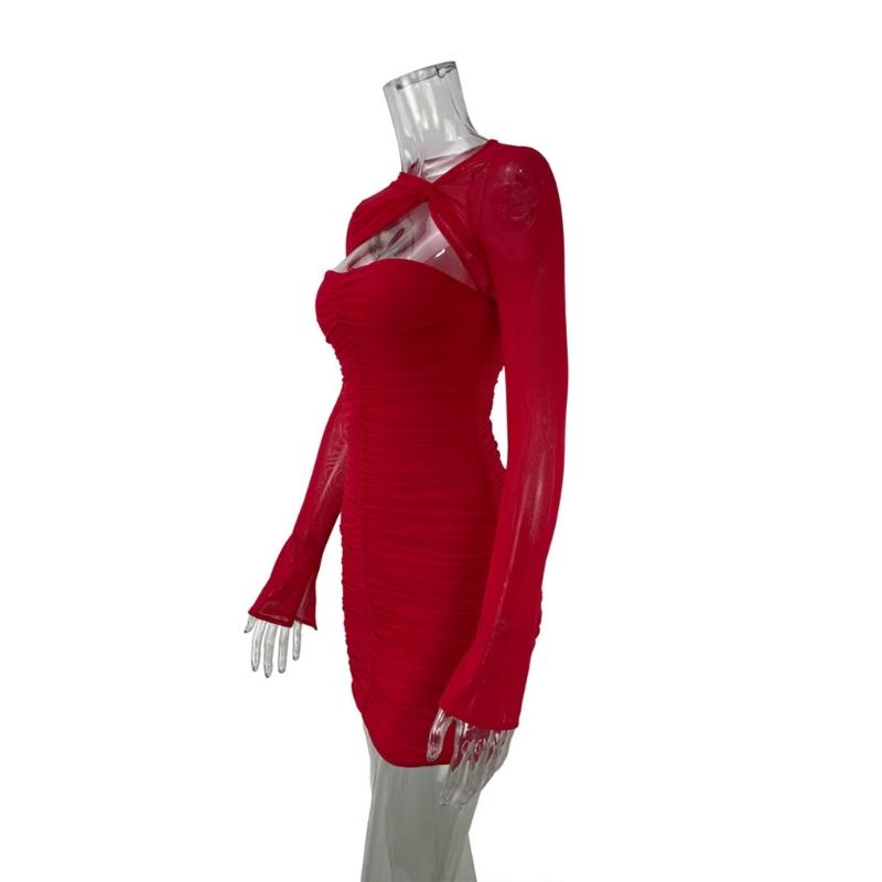 Women Mesh Long Sleeve Sexy Cut Out Bodycon Ruched Short Dress Twisted Knot Front Solid Color Nightclub Party Dresses