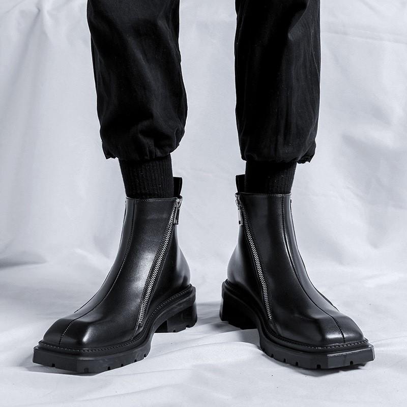 Chelsea Boots Square Toe Leather Shoes Black Ankle Boots Double Side Zipper Motorcycle Boots Stivaletti Bota De Tornozelo C1177