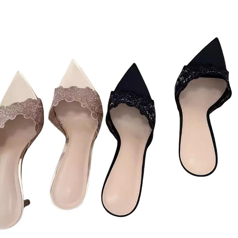 French Champagne Lace High-Heeled Slippers Women'S Spring Versatile Stiff Heels Socialite Niche Pointed Toe One-Word Sandals