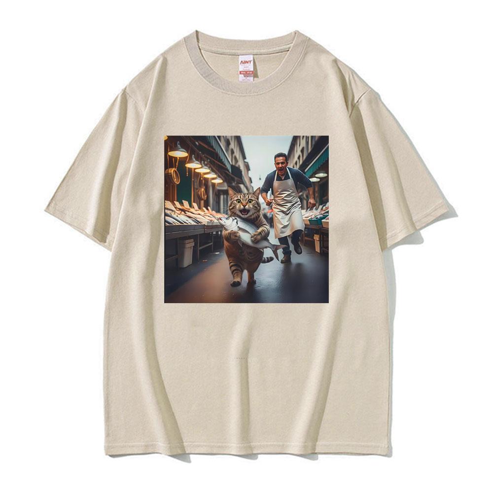 Funny Cat Stealing Fish Print Tshirts Unisex Women Clothing Vintage Casual Oversized High Quality T Shirt Short Sleeves Summer Tee