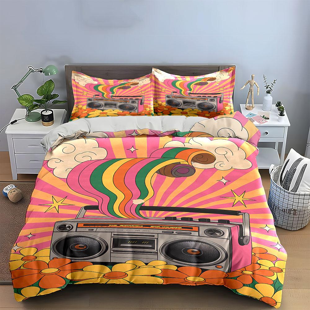 Boombox, Flowers, Stars, Rainbow. Bedding Sets Duvet Cover Sets Duvet Covers Pillowcases(1 * Duvet Cover 2 * Pillowcases, Without Duvet Insert)