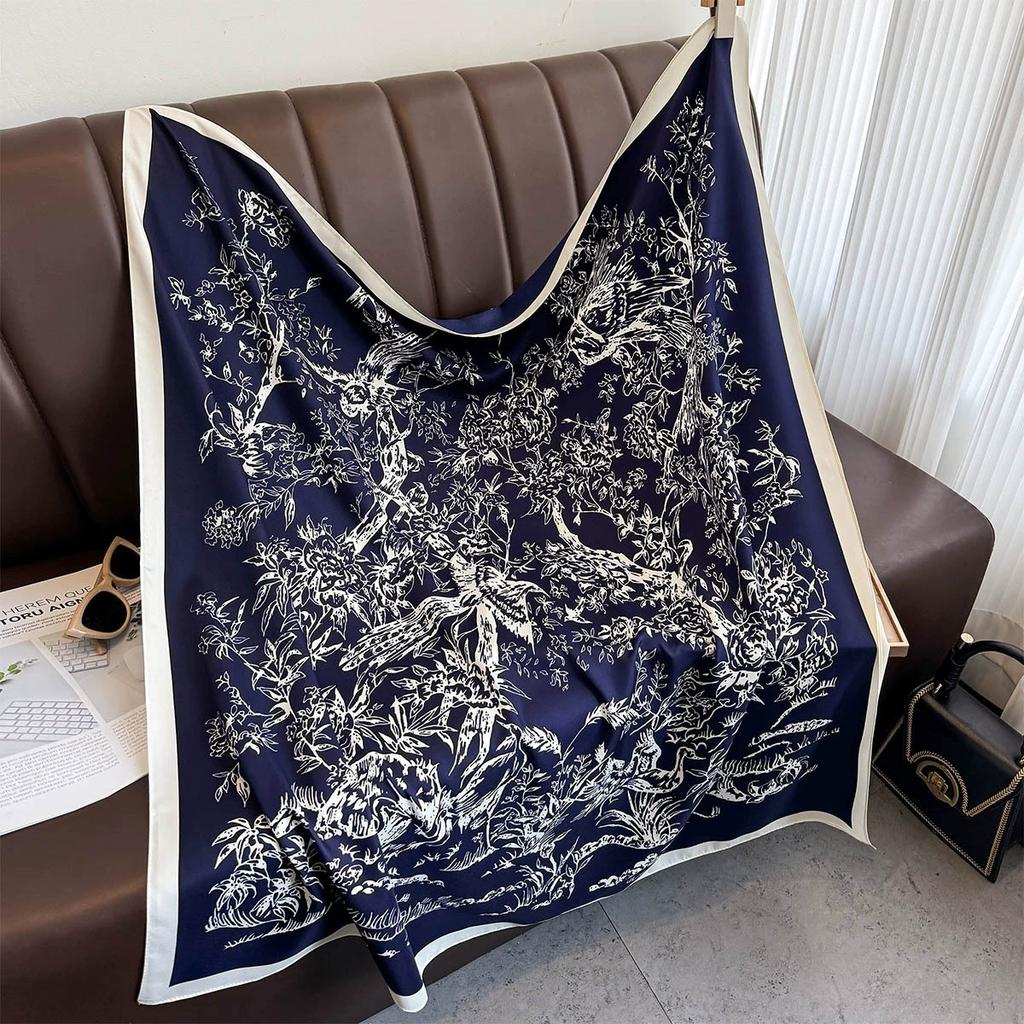 French Retro Women Printed Square Scarves Head Echarpes Twill Silk Foulards Femme Wraps Beach Shawls Bandana Lady Hijabs 90CM