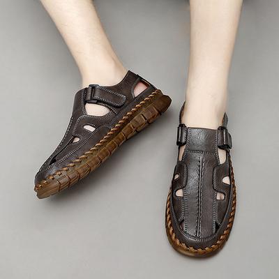 Mode Sommer Hohle Atmungsaktive Slipper Herren Outdoor Komfort Flache Ledersandalen Qualität Weiche Sohle Pendeln Gehen Handgefertigte Sandalen