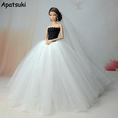 White High Quality Party Dresses For Barbie Doll Long Tail Evening Gown Clothes Wedding Dress +Veil 1:6 Doll Accessories