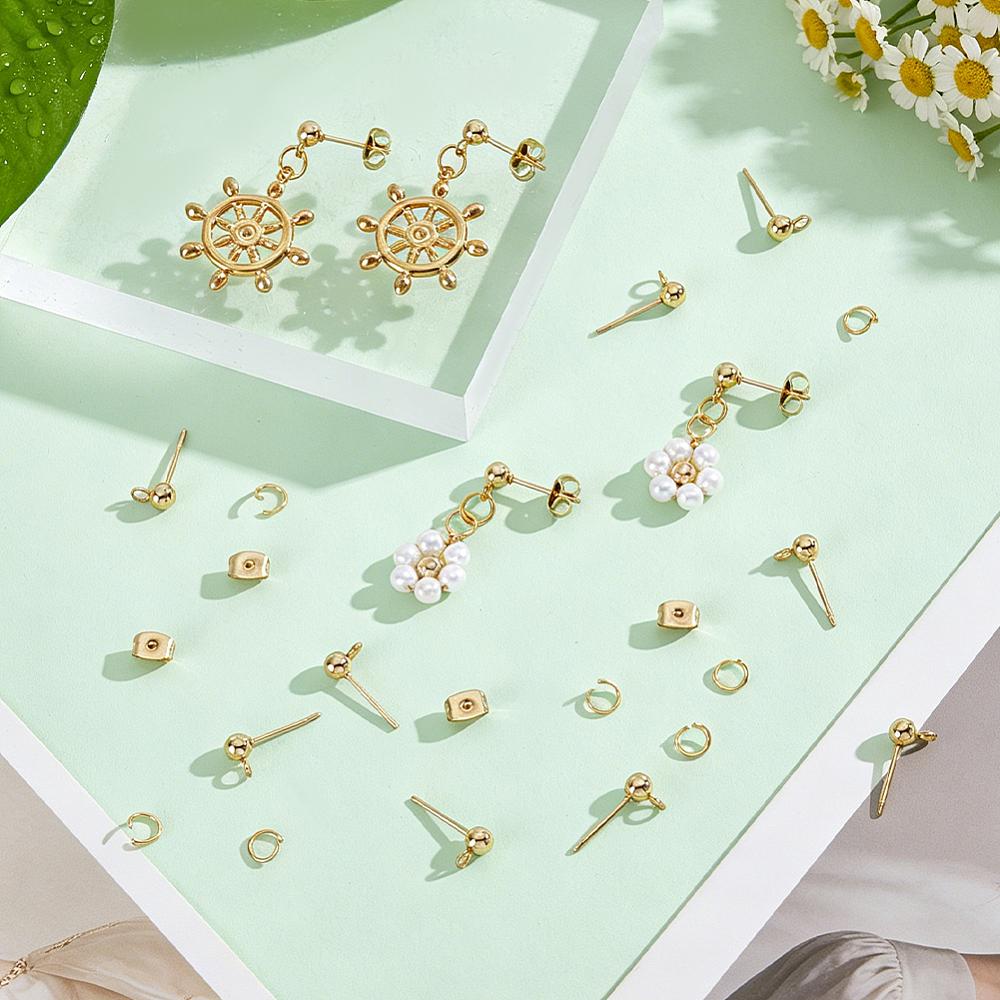 100Pcs 304 Stainless Steel Ball Stud Earring Findings with Horizontal Loops & 100Pcs Ear Nuts & 100Pcs Open Jump Rings Golden 15x7x4mm Hole: 1.7mm