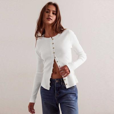 Women Knitting Tops Round Neck Long Sleeve Single Breasted Ribbed Tops Button Front Closure Slim Fit Cardigan