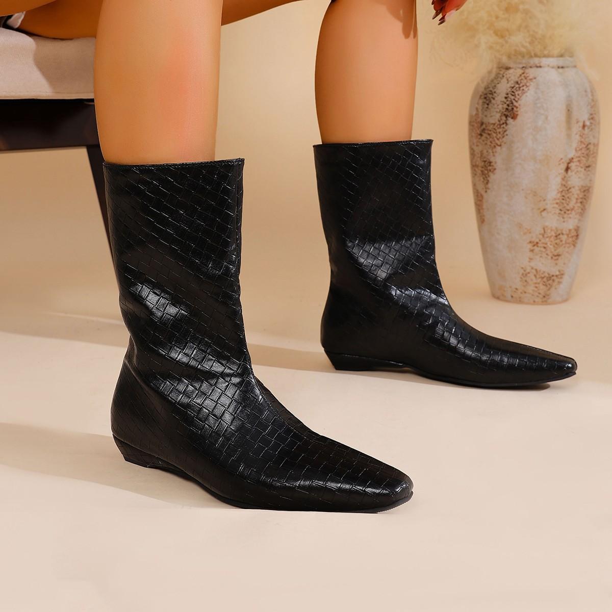 

Весна, осень и зима новые плетеные свободные рукава клиновидные прямые ботинки средней длины модные универсальные ботильоны с квадратным носком для женщин 40 чёрный