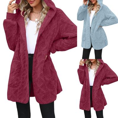 Women's Fashionable Coat Solid Color Long Sleeved Pocket Loose Hooded Plush  Jacket