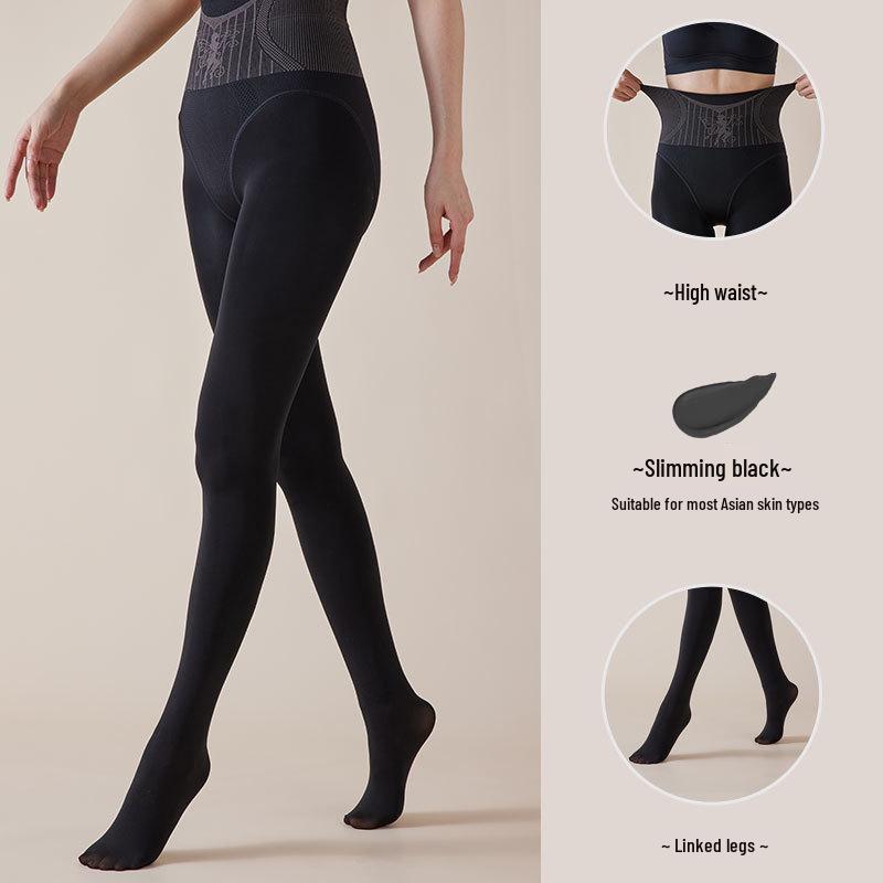 Huaxianzi High Waist Black Silk Tummy Control Leggings with Bare Leg Effect & Fleece Lining