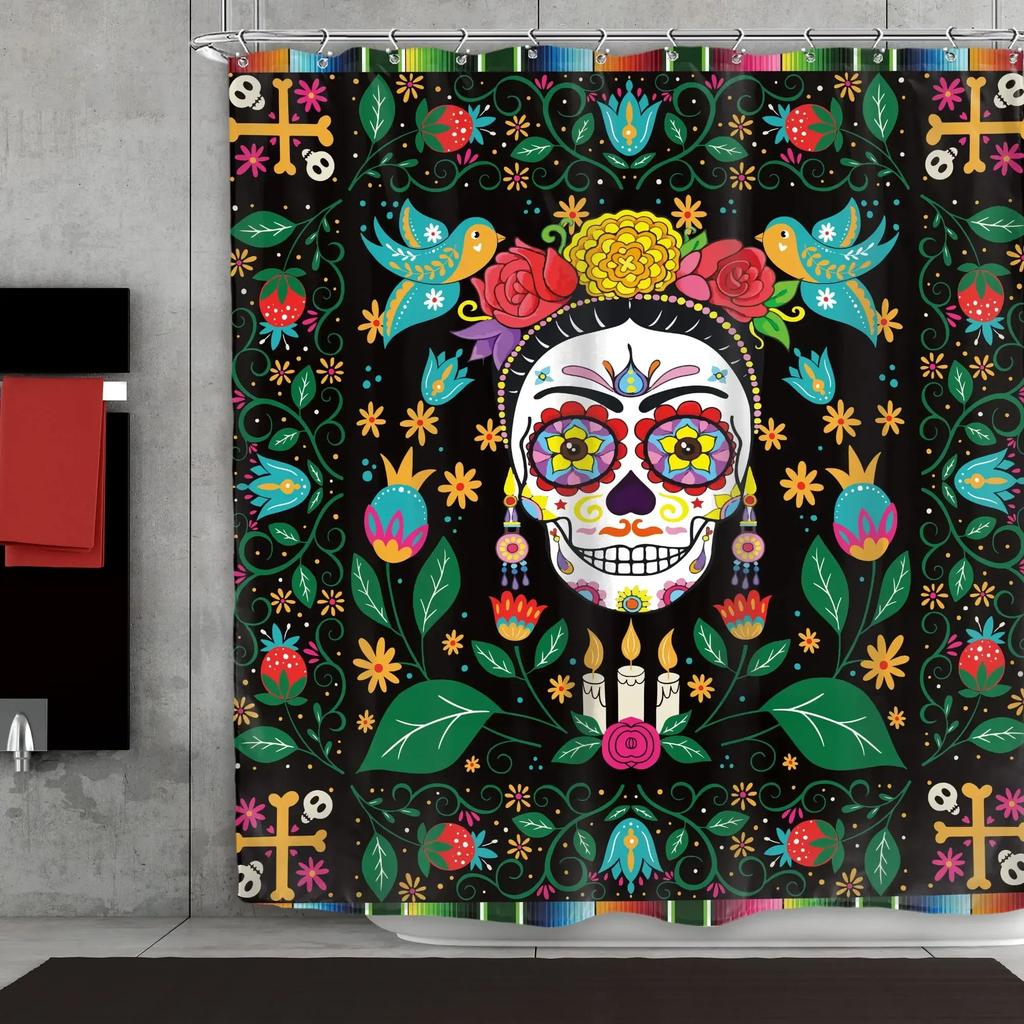 Mexican Floral Shower Curtain, Ethnic Art, Birds and Paisley, Flowers in White,Polyester, Waterproof, Bathroom Decor