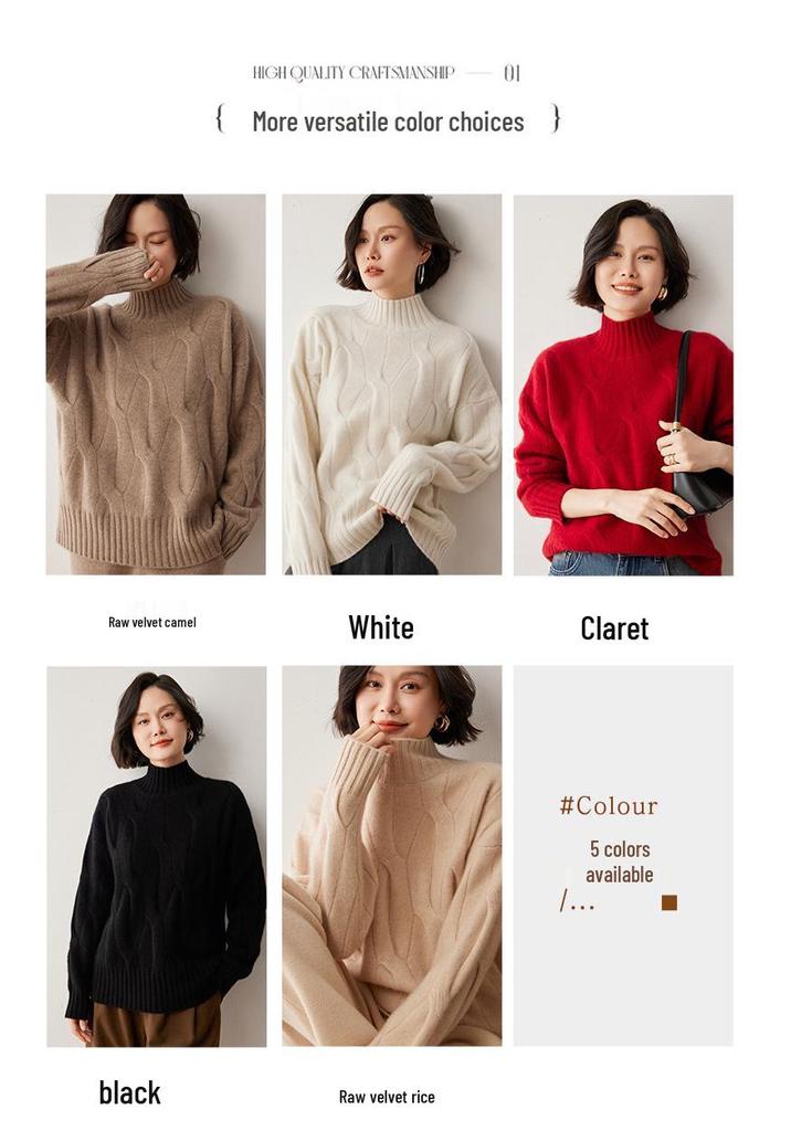 2026 Women's Plus Size Cable Knit Wool Sweater - Semi-High Neck, Thick and Loose Fit for Autumn/Winter