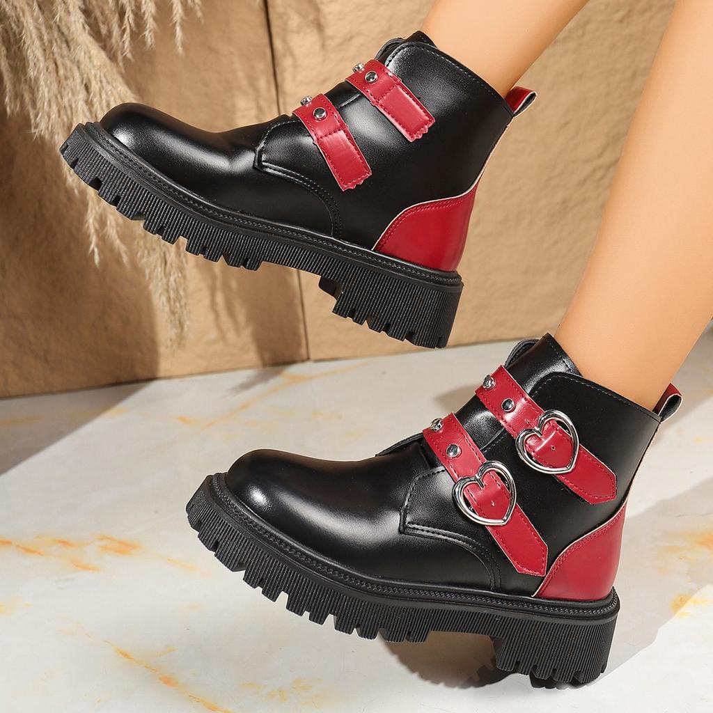 Women'S Mid Heels Boot Round Toe Platform Shoes  New Autumn Winter Fashion Belt Buckle Boots Short Boots For Women Handmade