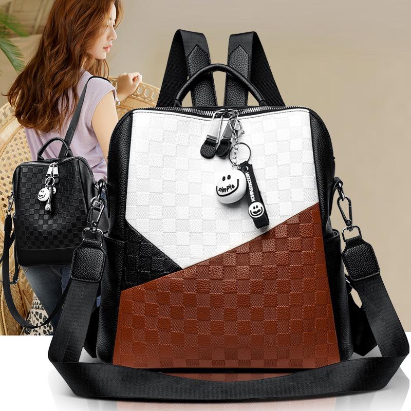 New Embossed Chessboard Plaid Backpack for Women's Bag Genuine Leather Texture Send Pendant Multi-functional Ins Backpack Trendy