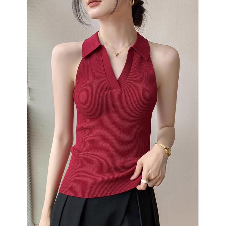 Western Style Slim Fit Fashionable Temperament Age Reducing French European Products Simple and Generous Thin POLO Collar Knitted Vest for Women