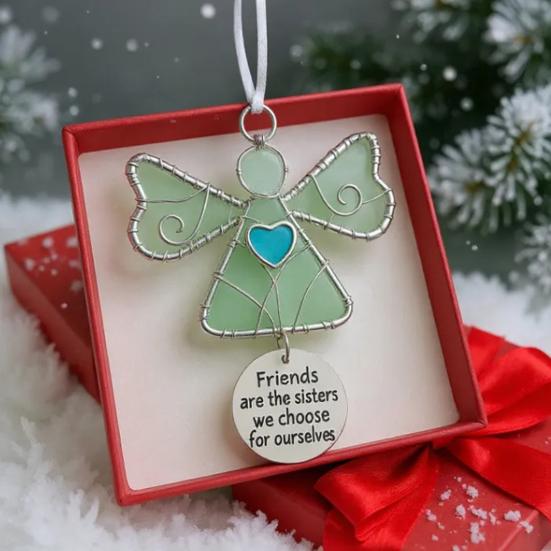 Weihnachtsanhänger Engel Ornament mit Glasmosaikherz Gravierter Freundschaftsvers Hängende Dekoration