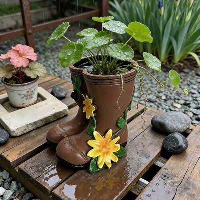 Small Rain Boots Planter Pot Rustic Cute Boot Flower Pot with Drainage Hole for Succulents Herb Flowers Decorative Table Centerpiece for Mom