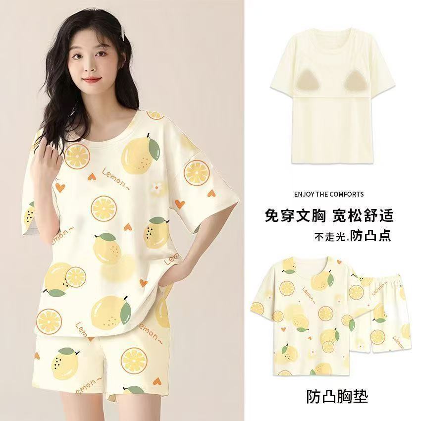 Pajamas with chest pads women's summer 1011 new women's short-sleeved thin loungewear summer