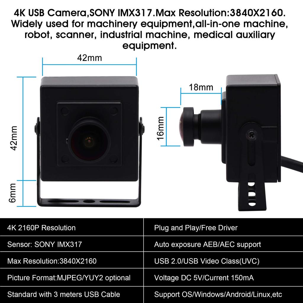 Cameră ELP Cameră web USB 4K Mini cameră cu unghi larg 170 de grade Obiectiv Fisheye Cameră web Full HD 2160P 30FPS Cameră Sony și driver Distribuție video Acasă