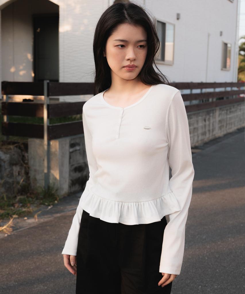 DEHEVE Frill Henley Neck Long Sleeve [Ivory]