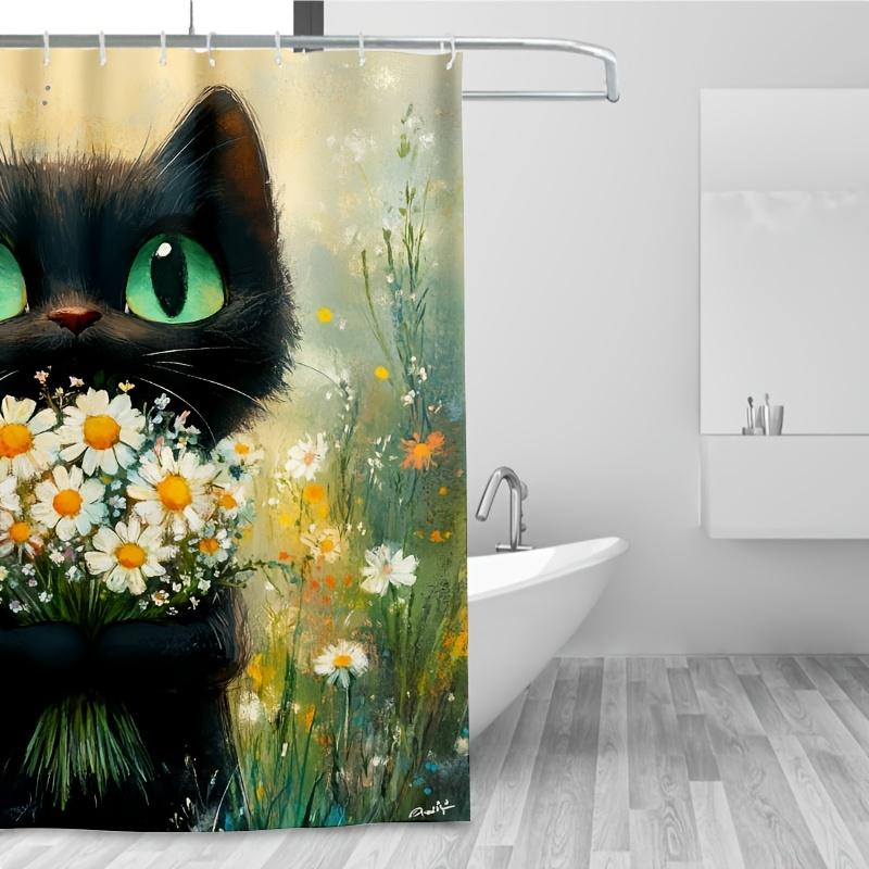 1 Stück Charmante Schwarze Katze mit Grünen Augen Duschvorhang, Strapazierfähiges Polyester, Waschmaschinenfest, für Badezimmer- und Fensterdekoration