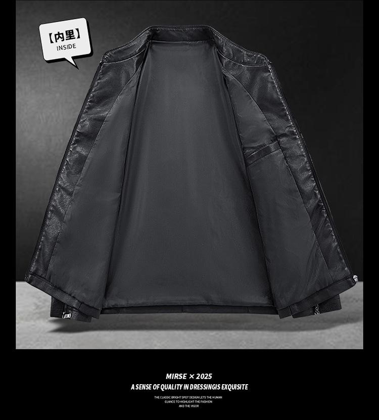 Men's Slim Fit Genuine Leather Jacket with Stand Collar and Velvet Lining - Casual Motorcycle Outerwear