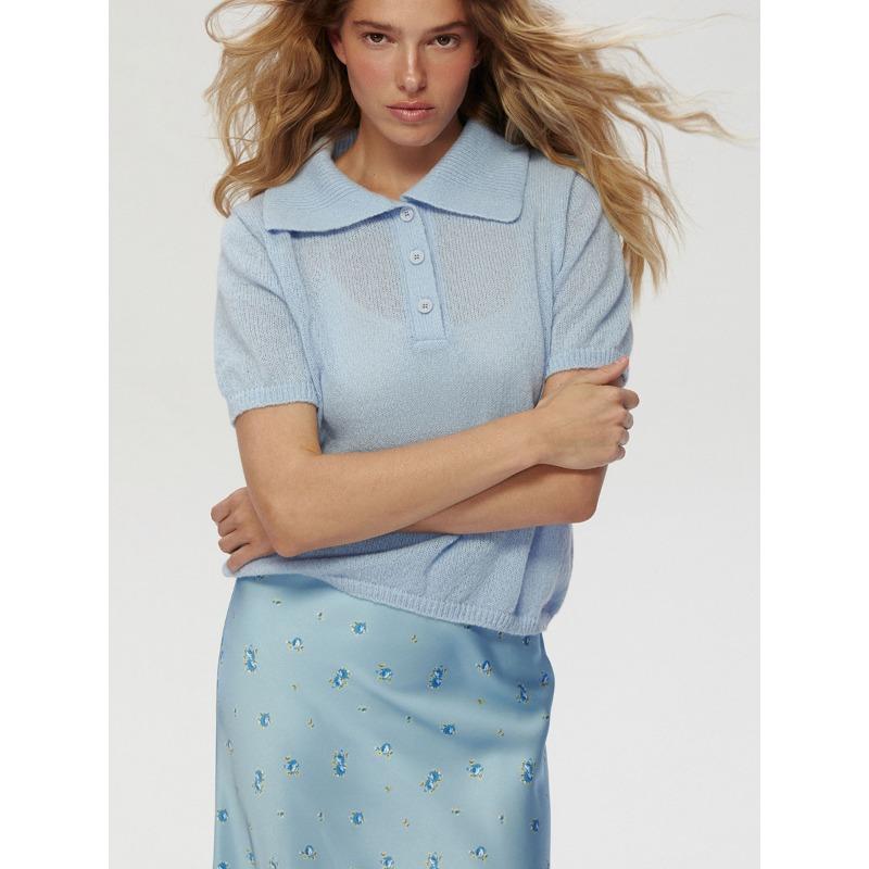 Módní pletený pulovr Dámský svetr s krátkým rukávem 2025 Jaro Léto Klopa Knoflíky Top Jednoduchý Tenký Elegantní Volný Ležérní Kancelářský Pletený Oděv