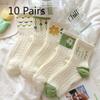 10 Pairs of New Female Spring and Autumn Lovely Flowers Fresh Green Tube Socks